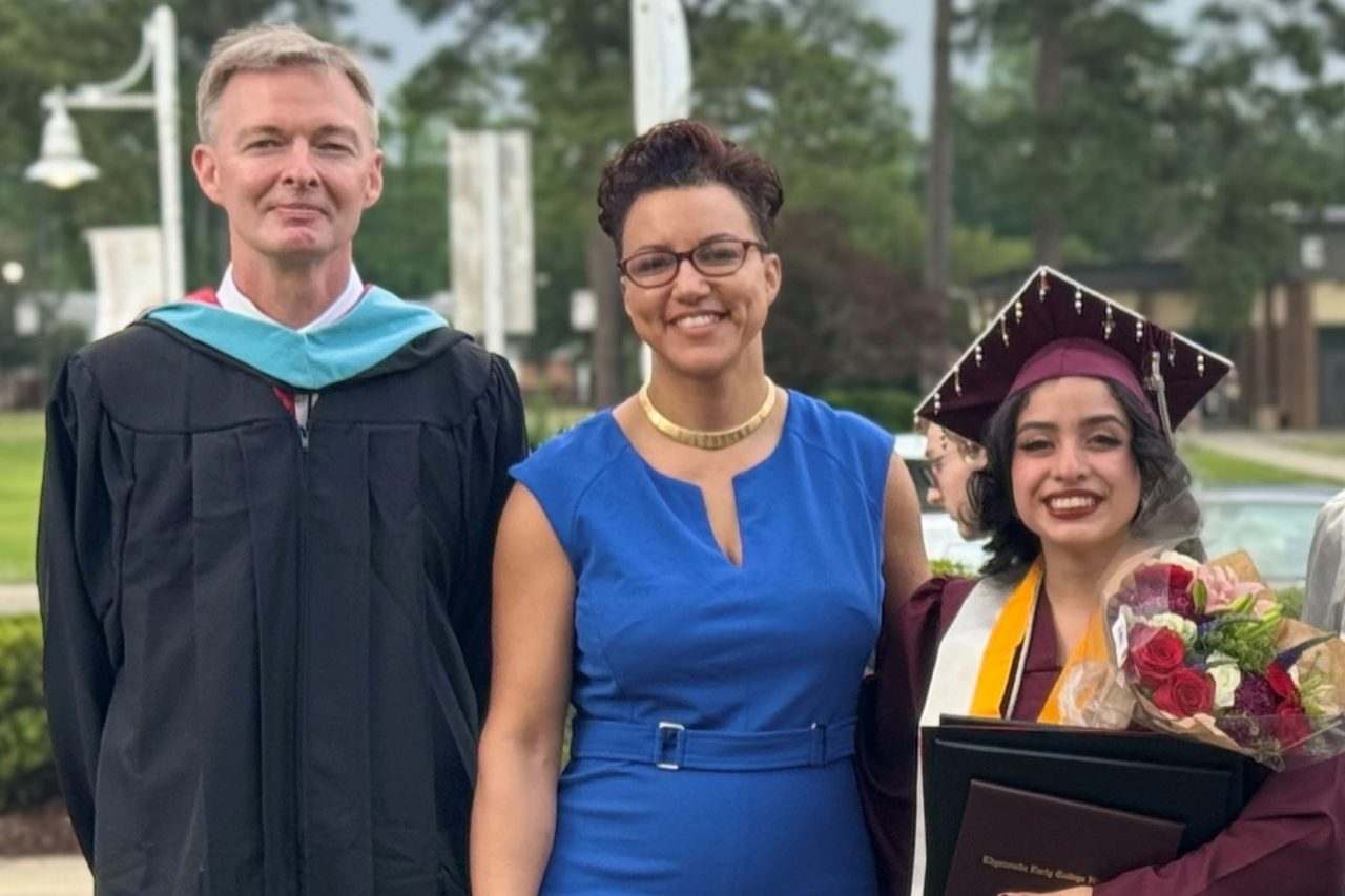 Matt Bristow-Smith, Principal of Edgecombe Early College High School, and Michele Johnson (middle), Senior Manager, ORESU, Community Impact & Investment, with Andrea Loera Valdez, who received Corning's 2024 Edge for Tomorrow Future Teachers Grant.