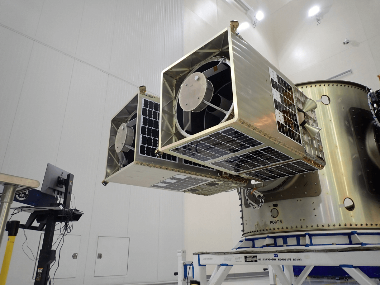 Two GHOSt satellites being equipped with Corning’s hyperspectral sensor technology at Corning’s Keene, New Hampshire, facility.