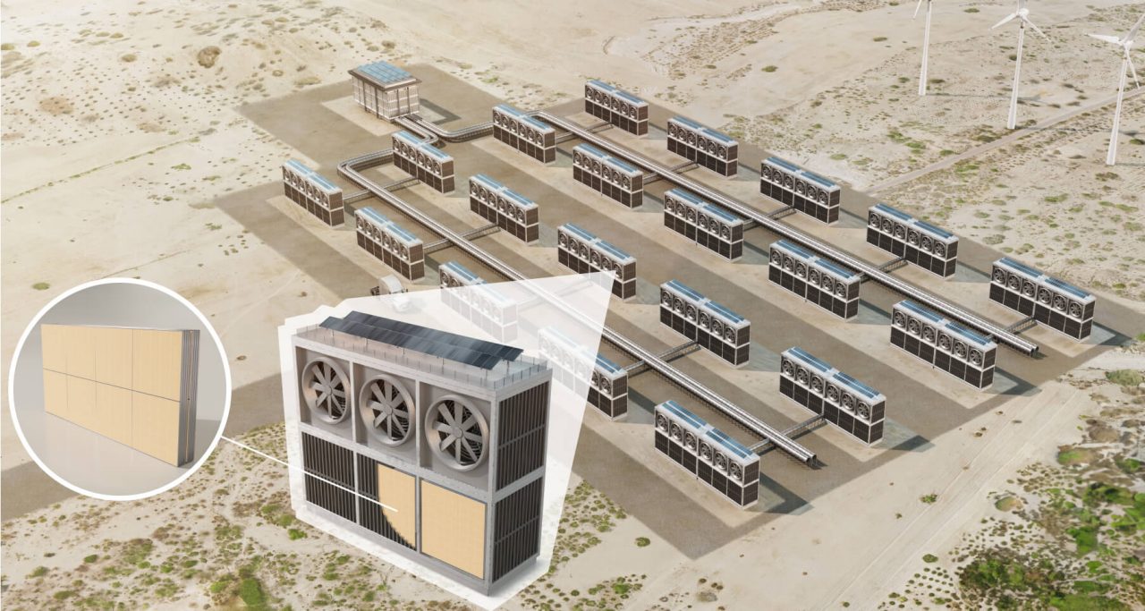Rendering of a data center showing how honeycomb can help reduce carbon by being applied as a filter.
