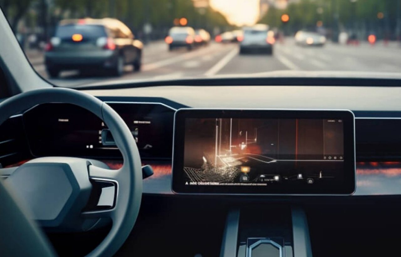 AI generated shot of the inside of a car looking onto a street