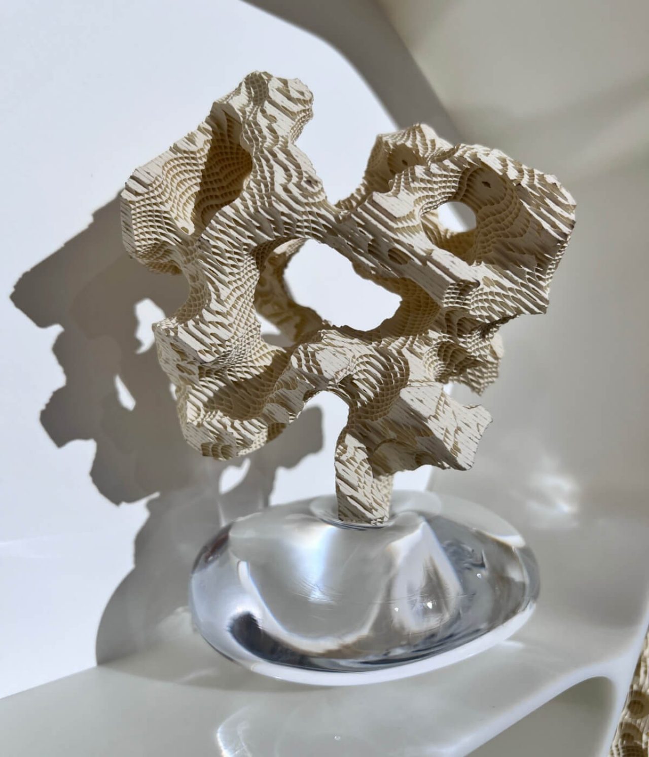 A close up of part of the piece which is a ceramic beige coral like structure, sitting in a clear glass plinth.
