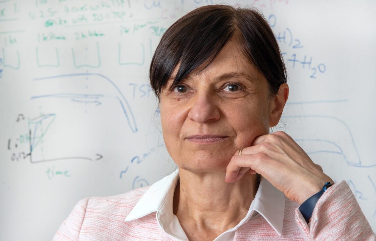 Ljerka Ukrainczyk looks into the camera while sitting in front of a whiteboard scrawled with calculations