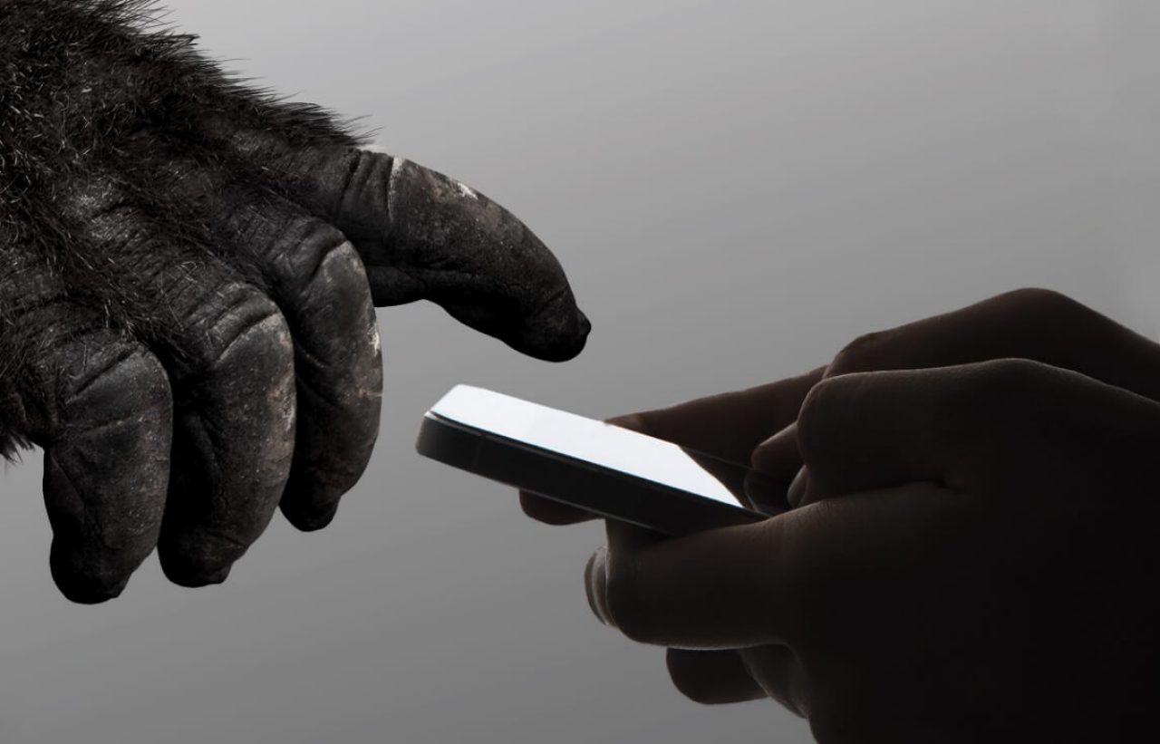 Monochromatic shot of a gorilla's hand reaching out to touch the screen of a phone-like device a human is holding.